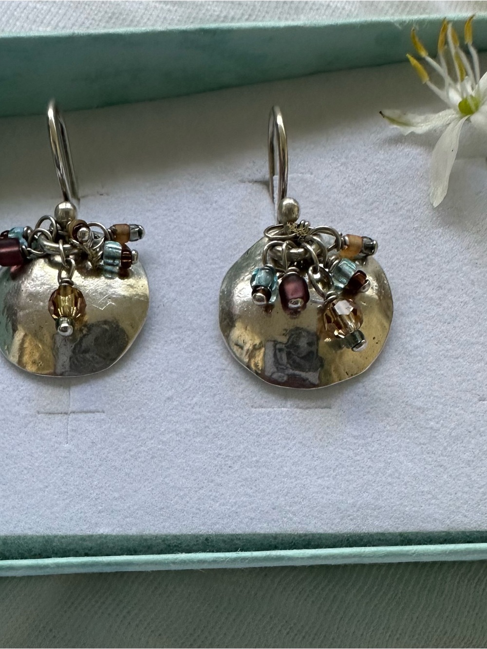 Silpada Silver Disc Earrings with Teal, Amber, and Burgundy Beads